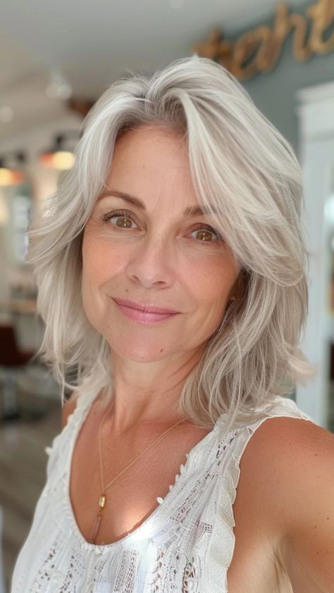 Smiling woman with gray hair wearing a white top in a bright indoor setting. Cute Bobs For Fine Hair, Bobs For Fine Hair, Cute Bobs, The Perfect Haircut, Grey Bob Hairstyles, Going Gray Gracefully, Gray Hairstyles, Chin Length Cuts, Angled Bobs