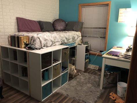 Cube Shelf Loft Bed, Cube Bed Frame Diy Twin, Cube Storage Bed, Neat And Clean Bedroom, Kallax Bed, Hideout Bed, Ikea Loft Bed, Diy Loft Bed, Dream Bedroom Inspiration