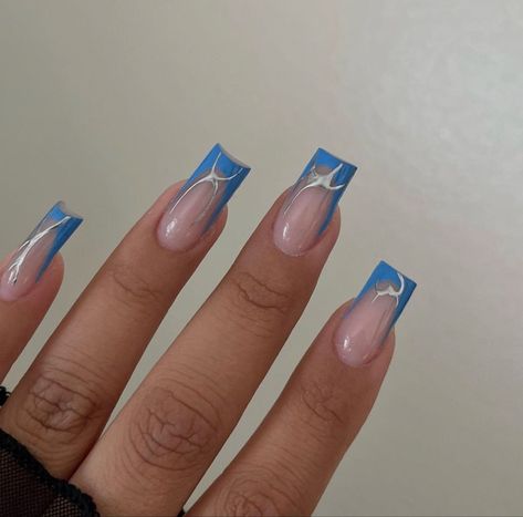 Silver Blue French Tip Nails, Blue French Tip Nails Square With Gems, Saturno Nails Blue, Blue And Silver Nail Designs French Tips, Metallic Blue French Nails, Blue French Design Nails, Saturno Nail Ideas, Bright Blue Nails Acrylic, Blue And Sliver Nails Ideas