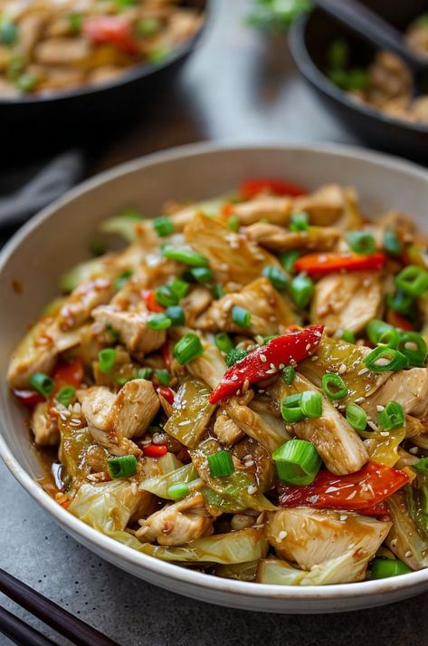 Sizzling Chinese Chicken Cabbage Stir-Fry: a quick, healthy dish packed with flavors! Perfect for a weeknight dinner. 🥢 #EasyRecipes #HealthyDinner #StirFry #AsianCuisine #QuickMeals Teriyaki Cabbage Stir Fry, Chinese Chicken Cabbage Stirfry, Chinese Cabbage And Chicken Stir Fry, Chinese Chicken Cabbage Stir Fry, Cabbage And Chicken Recipes, Cabbage Chicken Stir Fry, Chicken And Cabbage Stir Fry, Chicken With Cabbage, Chicken Cabbage Stir Fry