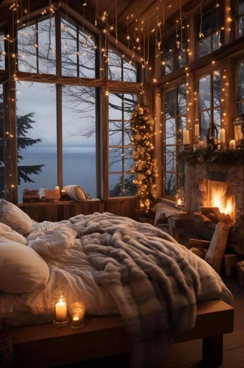 Romantic Bedroom Lighting, Cozy Bedroom Design, Winter Bedroom, Cabin Aesthetic, Red Blanket, Christmas Decorations Bedroom, Christmas Room Decor, Christmas Living Rooms, Christmas Bedroom