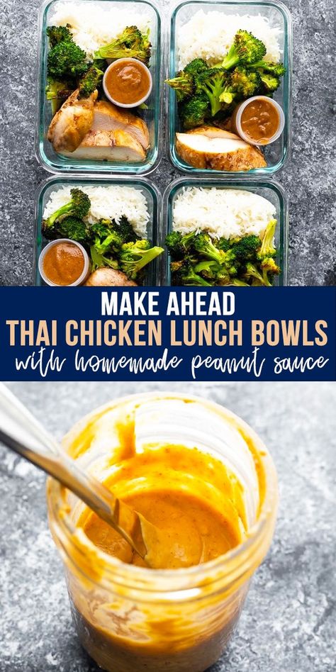 Thai chicken lunch bowls have roasted vegetables and chicken served over rice with a tangy peanut sauce. Easy to prep and keeps well for four days! #sweetpeasandsaffron #mealprep #thai #chicken #lunch #glutenfree #dairyfree #makeahead Lunch Bowls Meal Prep, Roasted Vegetables And Chicken, Chicken Lunch Bowls, Lunches Healthy, College Teaching, Homemade Peanut Sauce, Lunch Bowls, Lunch Packing, Bowl Meals