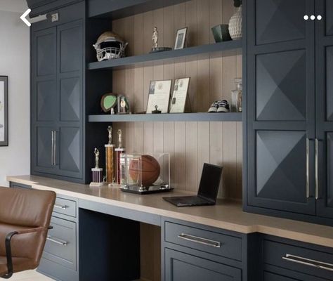 Ikea Office Study, Home Office With Lots Of Storage, Built In Office Cabinets Wall Units, Home Office With Built Ins Cabinets, Judges Paneling Office, Ikea Home Library, Black Built Ins Office, Blue Office Built Ins, Built In Home Office Ideas