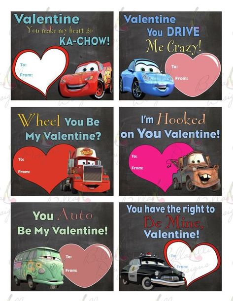 Disney Valentines Will Make Every Disney-Lover's Heart Explode Cars Valentine's Day Cards With six different designs, every Disney fan will be obsessed with these Cars Valentine's Day cards. Cars Valentines, Nerdy Valentines, Valentine Invitations, Valentine Template, Images For Valentines Day, Valentines Gift Bags, Disney Cards, Happy Hearts Day, Disney Valentines