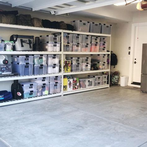 Garage Storage Bins, Garage Storage Inspiration, Basement Organization, Garage Organisation, Clear Storage Bins, Storage Bins Organization, Clean Garage, Clear Bins, Garage Storage Solutions