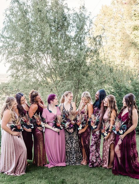 Disco Wedding Bridesmaid Dresses, Mix Match Purple Bridesmaid Dresses, Purple Mix And Match Bridesmaids, Punk Bridesmaid Dresses, Jewel Tone Mismatched Bridesmaid Dresses, Dark Mismatched Bridesmaid Dresses, Black Wedding Dress With Bridesmaids, Eclectic Bridesmaids, Non Traditional Wedding Party