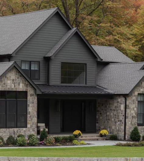 House Exterior Dark Grey, Dark Grey Farmhouse Exterior, Dark Grey House Exterior, Grey Farmhouse Exterior, Dark Grey Houses, Tennessee House, Gray House Exterior, Exterior House Color, Grey Houses