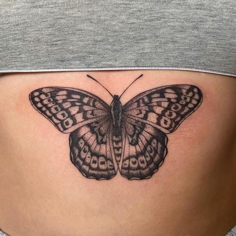 Monarch Butterfly Tattoo Realistic, Shaded In Butterfly Tattoo, Artistic Butterfly Tattoo, Detailed Moth Tattoo, Butterfly Tattoo Patchwork, Patchwork Tattoo Butterfly, Butterful Tattoo, Black Ink Butterfly Tattoo, Realistic Moth Tattoo