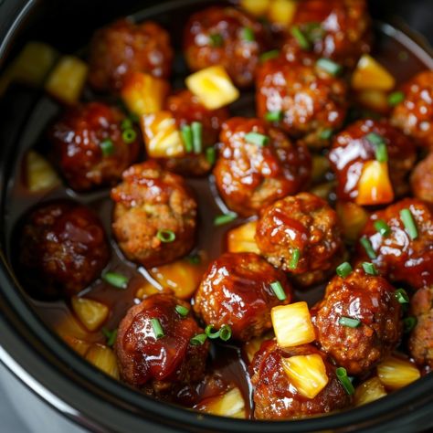 Slow Cooker Pineapple Barbecue Meatballs: A Sweet and Savory Delight - Good For Recipes Pineapple Meatball Recipes, Pineapple Bbq Meatballs Crockpot, Slow Cooker Pineapple Meatballs, Hawaiian Meatballs Crockpot Easy, Slow Cooker Pineapple Barbecue Meatballs, Meatballs Crockpot Pineapple, Sweet Sour Meatballs Pineapple, Pineapple Barbecue Meatballs, Meatball Pineapple Smokies 12 Tomatoes