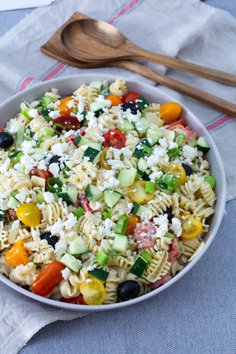 Easy Greek Pasta Salad with Homemade Dressing | A Bountiful Kitchen Pasta Salad With Homemade Dressing, Easy Greek Pasta Salad, Salad With Homemade Dressing, Greek Salad Ingredients, Pasta Salad With Spinach, Bountiful Kitchen, Greek Pasta Salad Recipe, Feta Pasta Salad, Greek Pasta Salad