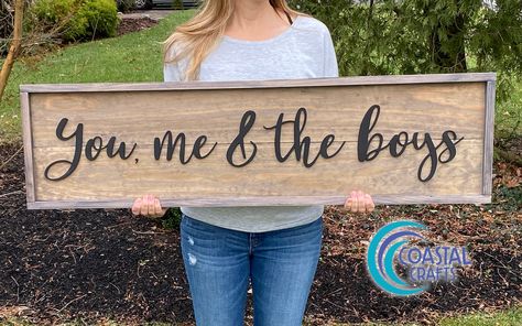 "This is a large statement piece that will look beautiful in any home! Choose from a variety of colors for the background, frame and 3D wood cut letters. The background is a pine panel stained in your color of choice and the letters are laser cut, painted and glued. The final touch is a farmhouse style frame in the color of your choice. Choose from three sizes: 24 x 8\", 36 x 11\" or 48 x 11\" If you choose the smaller sign, Etsy may overcharge you for shipping but I will gladly refund it. For o Sign For Living Room, Me And The Boys, Farmhouse Style Frames, Large Farmhouse, Family Monogram, Country Style Decor, Modern Vintage Decor, Family Sign, Painted Wood Signs