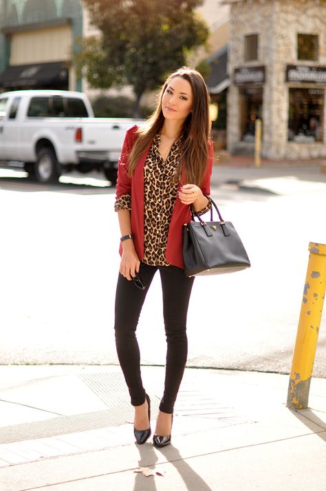 Office-Ready Hapa Time, Midsize Outfit, California Fashion, Leopard Print Outfits, Leopard Fashion, Red Cardigan, Cardigan Outfits, Fashion Week Street Style, Work Fashion