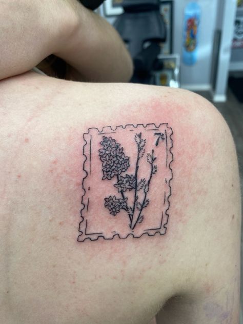 Lilac Stamp Tattoo, Post Stamp Tattoo Ideas, Rare Tattoo Designs, Pussywillow Tattoos, Postage Stamp Tattoo Ideas, Mail Stamp Tattoo, Doggo Tattoo, Vintage Stamp Tattoo, Flower Stamp Tattoo