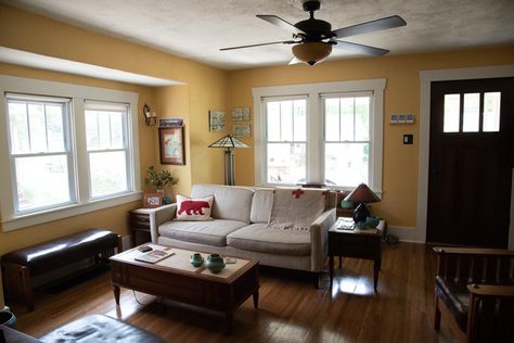 For our living room we chose Hubbard Squash, a gold from Sherwin Williams Arts & Crafts historic colors (SW 0044). Yellow Paint Colors Sherwin Williams, Sherwin Williams Yellow Bedroom, Light Yellow Paint Colors Sherwin Williams, Glad Yellow Sherwin Williams, Sherwin Williams Classical Yellow, Historic Craftsman Homes, Interior Paint Color Palette, Den Makeover, Historic Paint Colours