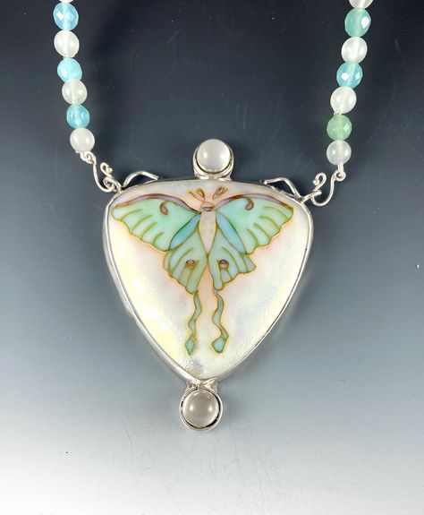 Fae Aesthetic Clothes, Moth Jewelry, Fae Aesthetic, Moth Pendant, Lunar Moth, Luna Moth, Enamel Jewelry, Moon Stone, Pretty Jewellery