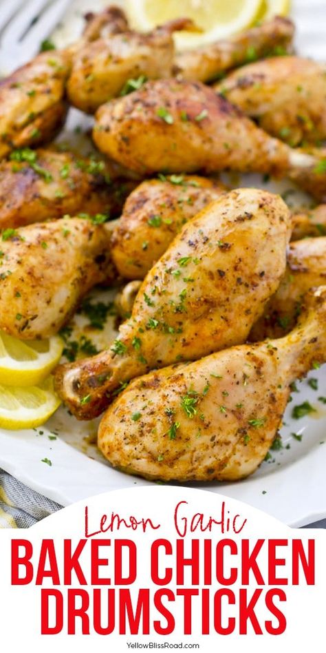 Baked Chicken Drumsticks with in a lemon and garlic marinade are easy to make, packed with flavor, and fall off the bone tender and juicy. Baked Lemon Chicken Drumsticks, What To Make With Drumsticks, Drumstick Marinade Baked, Drumstick Recipes Baked, Lemon Chicken Drumsticks, Chicken Drumstick Recipes Oven, Chicken Drumstick Marinade, Drumstick Recipes Oven, Roasted Chicken Drumsticks