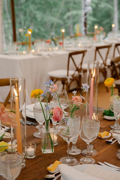 Diy Wild Flower Centerpieces, Farm Table Wedding Decor Bud Vases, Wedding Tables With Food, Wedding Flowers Garden Party, Candles In Votives Wedding, Wedding Table No Tablecloth, Single Flowers In Vases Wedding, Bud Vase Runner Wedding, Colored Candle Sticks Wedding