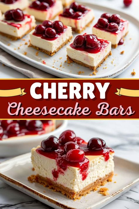 These old-fashioned cherry cheesecake bars are too good to pass up! They're rich, creamy, and oh-so-dreamy! Cherry Cheesecake Bars Recipes, Christmas Cherry Cheesecake Bars, Dessert Recipes Cherry, Cheesecake Bars Recipes, Crock Pot Cheesecake, Cherry Cheesecake Pie, Cherry Cheesecake Bars, Cheesecake Deserts, Everyday Desserts