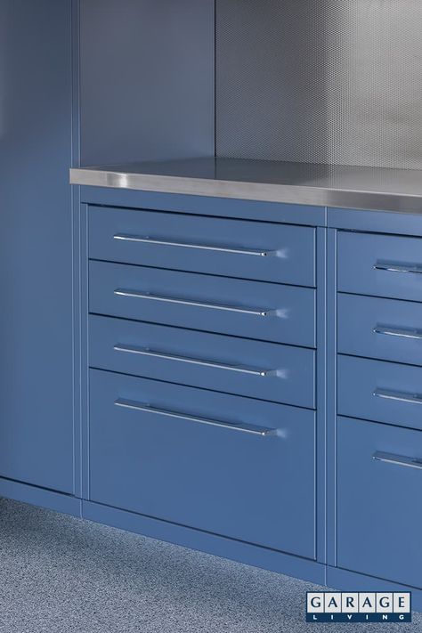 Blue Garage Cabinets, Blue Garage, Drawer Sliders, Stainless Steel Backsplash, Vertical Bike, Garage Cabinet, Steel Backsplash, Closet Rods, Garage Remodel