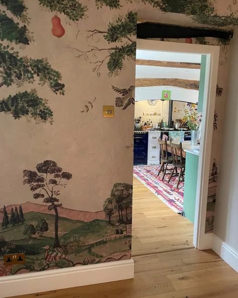 Mural Wallpaper with Doorway to Kitchen Mural On Door, Doorway Mural, Country House Dining Room, Tree Wallpaper Mural, Kit Kemp, Country House Interior, Hand Painted Wallpaper, Andrew Martin, Cushion Headboard