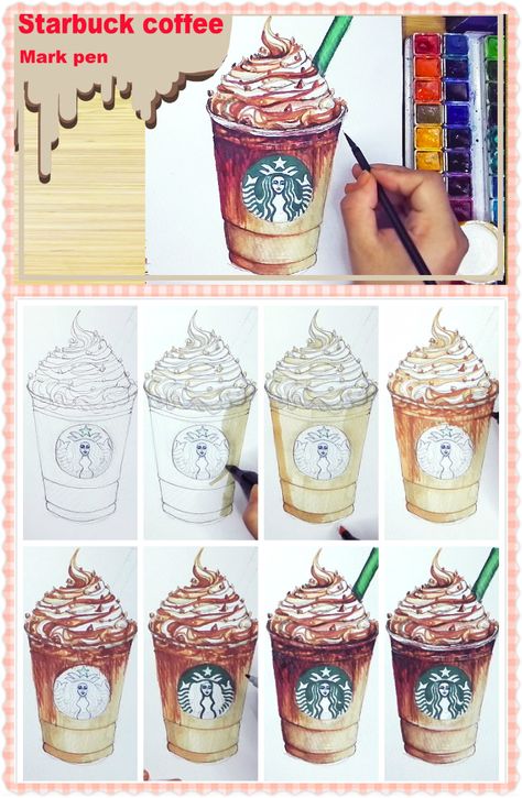 Starbucks Watercolor, Starbucks Painting, Starbucks Cup Drawing, Starbucks Drawing, Color Art Lessons, Food Art Painting, Art Eras, A Level Art Sketchbook, Concept Art Tutorial