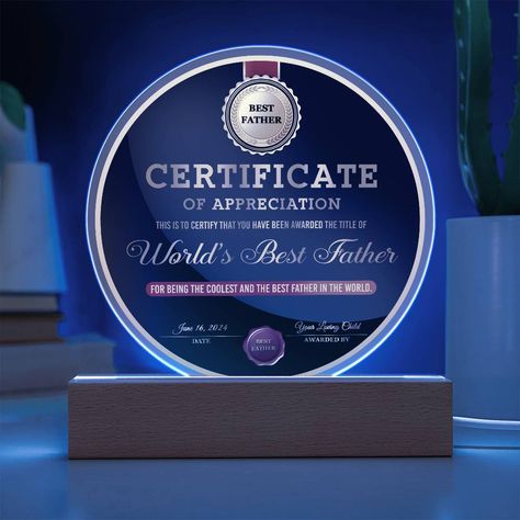 🎉 Celebrate the #WorldsBestFather this #FathersDay with a personalized #CertificateOfAppreciation acrylic plaque! 👨‍👧‍👦 Show him how much he means to you with this special #gift for #Dad. ❤️ #ThankYouDad for all that you do! 💪 #BestDadEver #FathersDayGift #Fatherhood #LoveMyDad #SuperDad #Grateful #FamilyLove #DadsRock 🙌 Shop Now https://bit.ly/4ewI1vB Pe Teacher Gifts, Mail Carrier Gift, Massage Therapist Gifts, Single Mom Gifts, Bonus Dad Gifts, Mechanic Gifts, Nephew Gifts, Best Father, Goddaughter Gifts