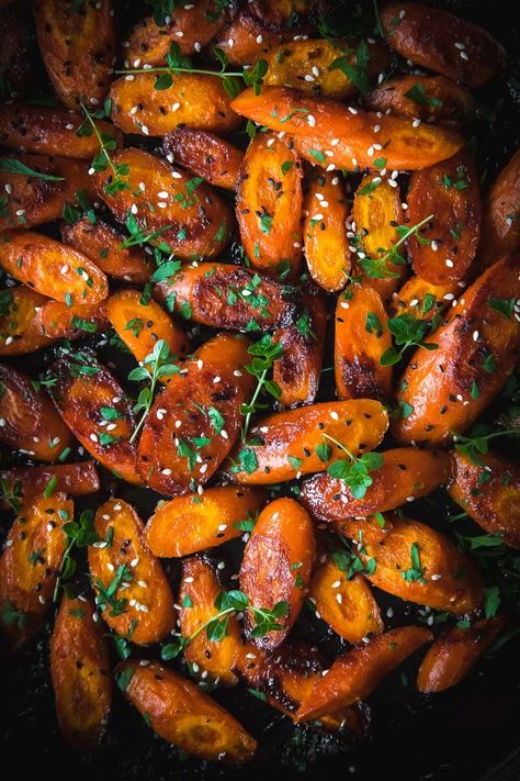 Maple Miso Roasted Carrots, Miso Carrots Recipe, Thai Roasted Vegetables, Miso Roasted Carrots, Vegan Recipes With Carrots, Vegan Veggie Side Dishes, Vegetarian Miso Recipes, Mushroom Carrot Recipes, Miso Roasted Vegetables