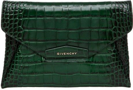 Green Clutch, Givenchy Antigona, Fashion Week Outfit, Envelope Clutch Bag, Croc Leather, Envelope Clutch, Leather Clutch Bags, Green Leather, Green Fashion