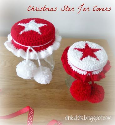 Crochet Jar Covers Lid, Jar Lid Cover, Star Jar, Jar Toppers, Crochet Jar Covers, Christmas Jam, Jar Covers, Christmas Jars, Crocheted Items