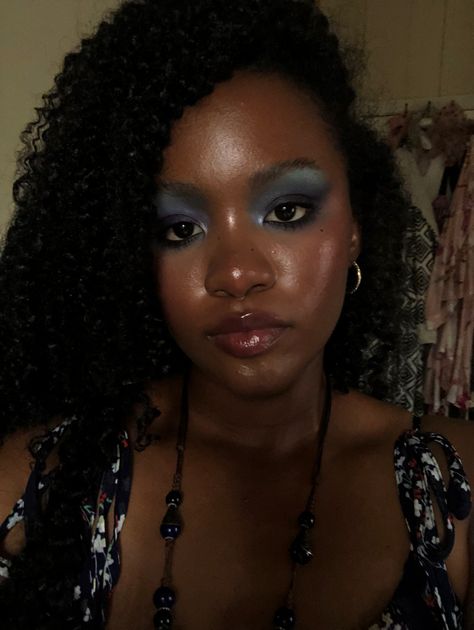 blue smokey eyeshadow 
black girl
blue makeup looks
editorial Hoco Makeup Navy Blue, 80s Blue Makeup, Icy Blue Eyeshadow Looks, Tear Stained Makeup, Blue Eyeshadow Brown Skin, Blue Eyeshadow On Brown Eyes, Ocean Eye Makeup, Blue Eyeshadow Black Women, Blue Themed Makeup