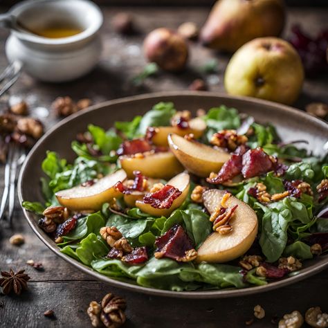 Baked Pear Salad, Poached Pears Salad, Salad With Maple Vinaigrette, Roasted Pear Salad, Roasted Pears, Maple Vinaigrette, Basil Salt, Bacon Salt, Winter Salad Recipes