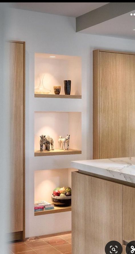 Tiny Niche Ideas, Kitchen Niche Ideas, Kitchen With Stained Cabinets, Niche Ideas Living Room, Wall Niche Ideas Living Room, Decorating A Niche In A Wall, Niche Living Room, Wall Niches Ideas, Recessed Wall Niche Ideas