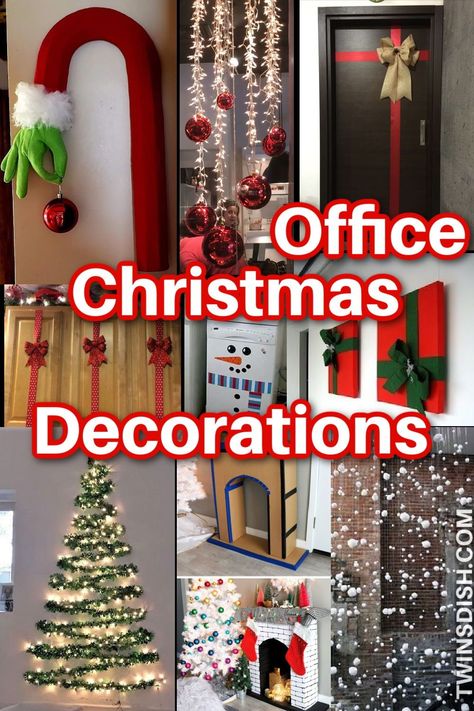 Easy office Christmas decorating ideas for work. Cute Diy Christmas decorations for your desk and workspaces that are cheap but look professional. Whether you're into funny, classy, or a winter wonderland you'll find great ideas for your door, tree, and more. Christmas Wall Decorations For Work, Holiday Decor Ideas For Office, Christmas Crafts For Work, Christmas Decoration For Office At Work, Decorate Office At Work For Christmas, Teacher Lounge Christmas Decorations, Decorating An Office Door For Christmas, Christmas At The Office Ideas, Diy Office Christmas Decorations Ideas