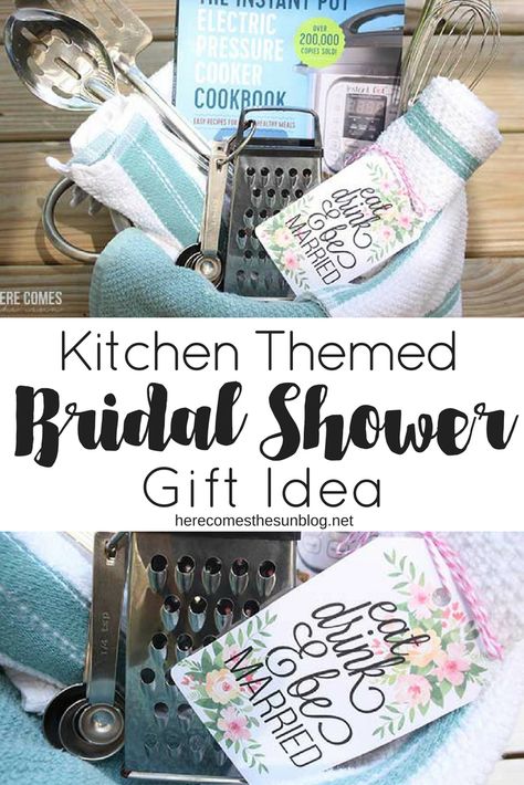 This kitchen themed bridal shower gift is perfect for newlyweds! Comes with a free printable gift tag. #wedding #bridalshower #weddinggiftidea Kitchen Themed Bridal Shower Ideas, Bridal Shower Kitchen Gifts, Kitchen Gift Baskets, Themed Bridal Shower Ideas, Diy Bridal Shower Gifts, Bridal Shower Invitation Wording, Bridal Shower Invitations Diy, Kitchen Bridal Shower, Free Printable Gifts