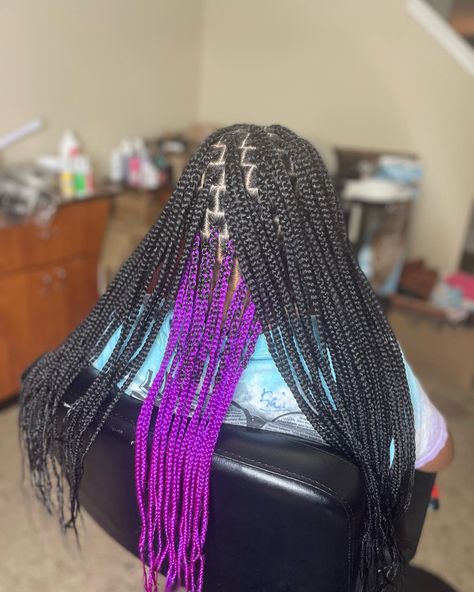 Knotless Braids With Purple In The Back, Knotless Braids With Hidden Color, Box Braids Peekaboo Color Purple, Peekaboo Hair Color Braids Purple, Peakaboobraids Purple And Black, Purple And Black Peekaboo Braids, Light Purple Peekaboo Braids, Purple And Black Hair Braids, Purple Peekaboo Knotless Braids