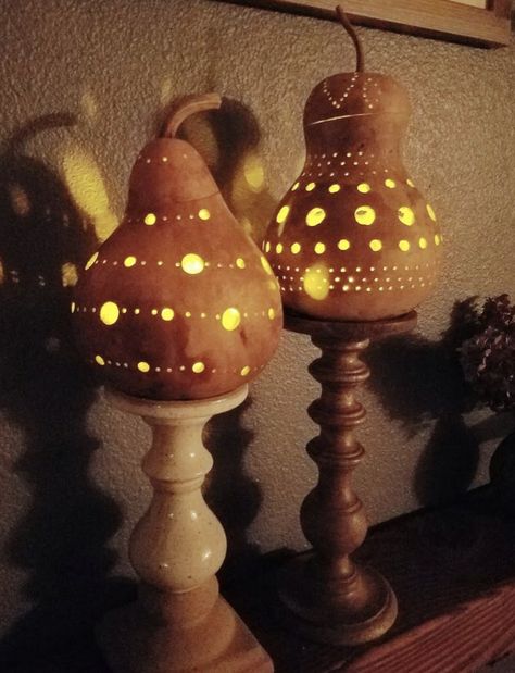 Crafts With Gourds, Gourd Decorating Ideas, Gourd Lanterns, Gourd Decor, Gourd Lights, Gourds Diy, Pumpkin Guts, Gourd Painting, Birdhouse Gourds