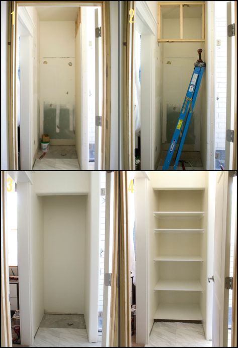 How to make a DIY built-in linen closet by Pneumatic Addict. Want to do this in our master bathroom. Bathroom Closet Remodel, Linen Closet Design, Bathroom Built Ins, Linen Closet Makeover, Bathroom Linen Closet, Small Master Bath, Diy Built In, Closet Transformation, Modern Master Bath