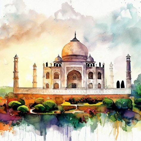 Taj Mahal Watercolor Painting, Hawa Mahal Illustration, Kolkata Sketch, Eid Sketch, Taj Mahal Drawing, Monument In India, Composition Painting, India Painting, Famous Monuments