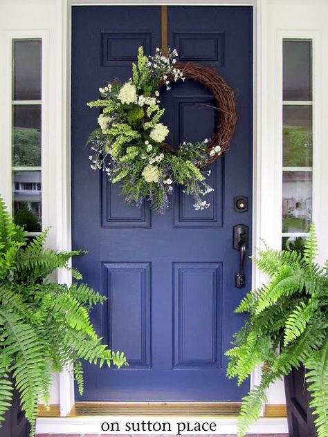 Navy Blue Front Door - Sherwin Williams Navel - Curb Appeal Porch Decor Decorating Ideas - On Sutton Place Vinyl Door Decal, Front Door Decal, Blue Front Door, Door Decals, Diy Outdoor Decor, Front Door Colors, Front Porch Decorating, Door Color, Exterior Door