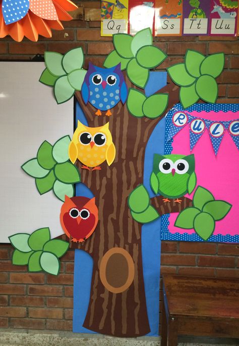 Owl theme classroom decoration! Owl School Decoration, Owl Decorations For Classroom, Owl Classroom Door, Owl Theme Classroom Decorations, Owl Classroom Decor, Owl Preschool, Class Board Decoration, Class Door Decorations, Owl Theme Classroom