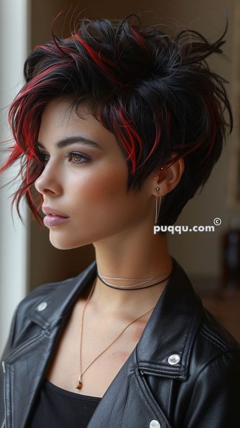 Black Hair With Red Highlights, Rocker Hair, Edgy Vibes, Black Red Hair, Mod Hair, Short Hair Undercut, Red Highlights, Hair Color Techniques, Edgy Short Hair