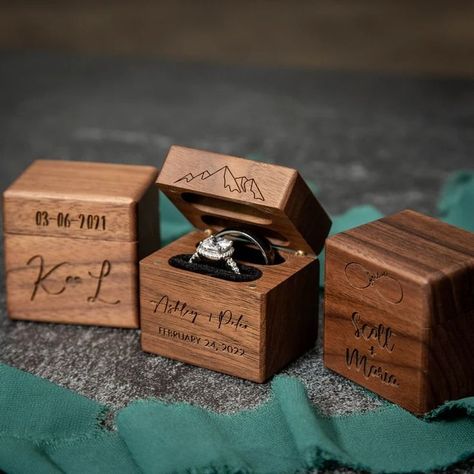 Wood Ring Box Diy, Engagement Ring Box Diy, Wood Ring Box Engagement, Dessert Display Wedding, Wood Ring Box Wedding, Engraved Ring Box, Heirloom Ring, Proposal Ring Box, Wood Ring Box