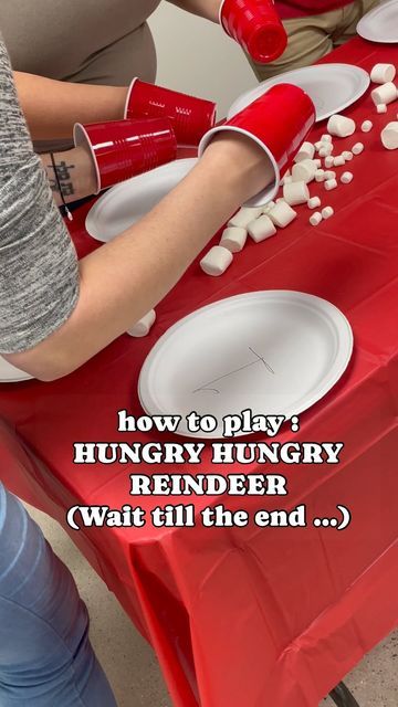 Rosio Vazquez on Instagram: "How to play HUNGRY HUNGRY REINDEER… this is definitely the highlight of our Christmas Olympics games! You’ll need: Reindeer Cups (do not use styrofoam) Plates Marshmallows we used both sizes you give the group 15-30 secondsto collect is many marshmallows as they can … the reindeer with most marshmallows wins #ChristmasGames #hungryhungryreindeer #ChristmasParty #ChristmasPartyGames #howtoplaychristmasgames #christmasolympics #minutetowinit #Christmas #christmasminutetowinit #marshmallowgames #fungames" Reindeer Paws Game, Christmas Games Marshmallows, Marshmellow Christmas Game, Christmas Games With Marshmallows, Hungry Hungry Reindeer, Christmas Marshmallow Games, Reindeer Marshmallow Game, Hungry Reindeer Game, Hungry Hippo Christmas Game