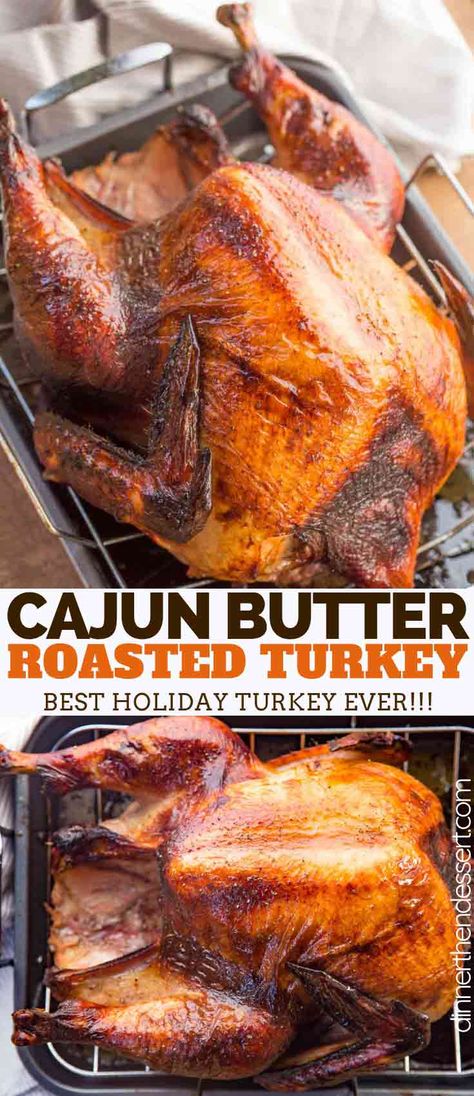 Cajun Roasted Turkey made with paprika, cayenne pepper, and other cajun spices is the PERFECT twist on a traditional roast turkey this Thanksgiving! Dessert Turkey, Cajun Thanksgiving, Cajun Turkey Recipe, Roasted Dinner, Cajun Turkey, Cajun Butter, Roast Turkey Recipes, Dinner Then Dessert, Thanksgiving Cooking