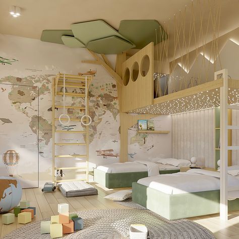 🌴🌴🐒Welcome to the jungle...in your very own room! This magical space combines cosy beds with a playful jungle theme, complete with tree-like features and climbing elements for endless adventure. Shhh...🤫🤫there is even a secret passage on the mezzanine that leads to a hidden part of the room, perfect for new discoveries!✨✨ #jungleroom #kidsinteriors #kidsinteriordesign #kidsspaces #kidsroom #kidsinterior #kidsrooms #kidsspaces #boysroom #boysbedroom Jungle Theme Kids Bedroom, Cosy Beds, Montessori Playroom Ideas, Secret Passage, Small Kids Room, Own Room, Italy House, Cosy Bed, Kids Interior Design