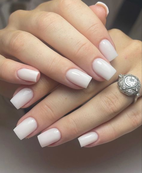 Milky White Nails Coffin Short, Milk Short Nails, Short Cloudy White Nails, Nails On Fair Skin, Square Milky White Nails, White Nails Short Square, Milky White Short Nails, Milky White Nails Ideas, Short Milky White Nails