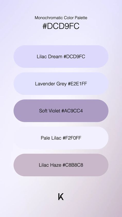 Monochromatic Color Palette Lilac Dream #DCD9FC · Lavender Grey #E2E1FF · Soft Violet #AC9CC4 · Pale Lilac #F2F0FF · Lilac Haze #C8B8C8 Lavender Grey, Monochromatic Color Palette, Hex Color Palette, Pale Lilac, Color Pallete, Pale Lavender, Lilac Wedding, Kinds Of Colors, Hex Colors