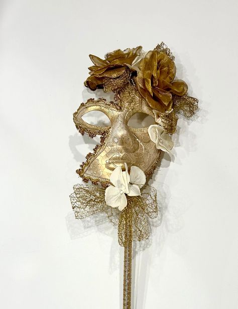 Party Mask Design, Masquerade Mask With Stick, Masquarade Mask, Venice Masquerade, Ivory Hydrangea, New Years Eve Celebration, Golden Mask, Gold Masquerade Mask, Hydrangea Petals