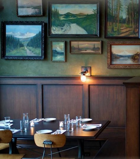 Art Dining Room Wall, Dark Wall Wainscoting, Dark Green Wood Paneling, Wainscoting Restaurant, Dark Wood Wainscoting, Wood Wainscoting Ideas, Half Wall Wood Paneling, Wooden Wainscoting, Moody Restaurant