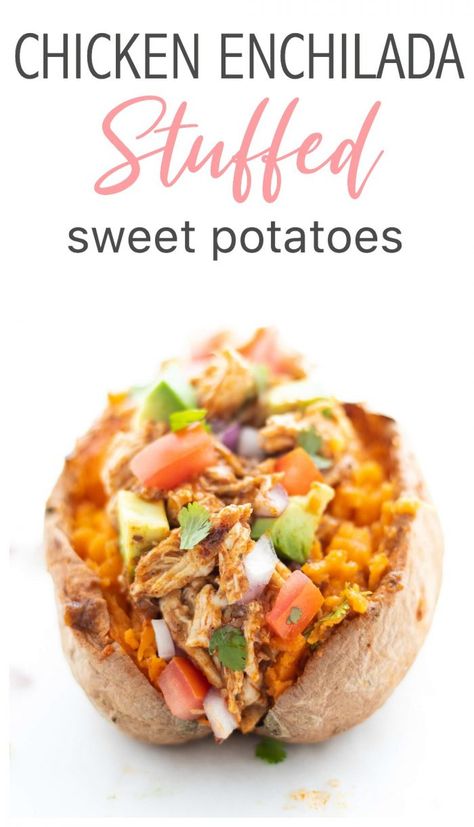 Chicken Enchilada Stuffed Sweet Potatoes | Haute & Healthy Living Enchilada Stuffed Sweet Potatoes, Sweet Potato Tater Tots, Healthy Chicken Enchiladas, Potato Calories, Stuffed Sweet Potato, Make Shredded Chicken, Flavorful Dinner, Stuffed Sweet Potatoes, Chicken Enchilada